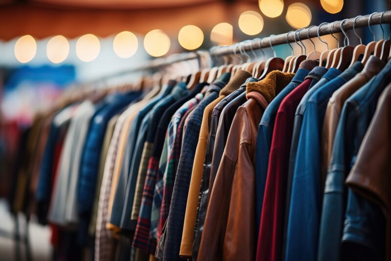 Kleiderstange mit bunter Secondhand-Mode im Secondhand-Shop