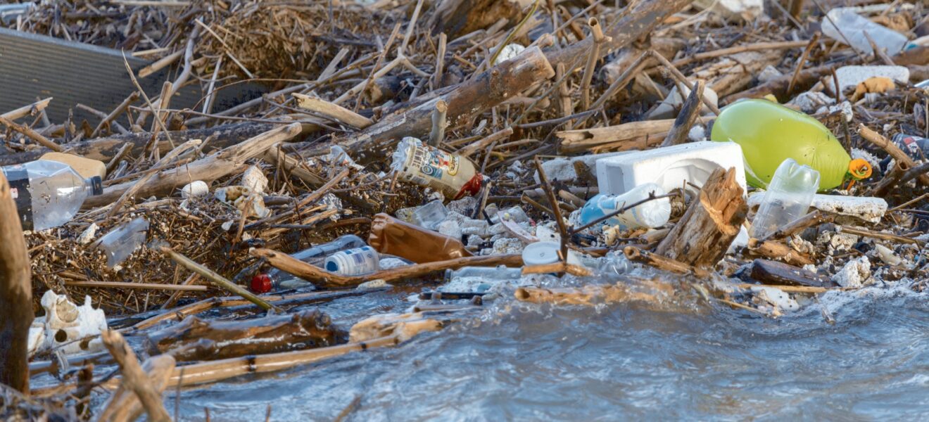 Plastikabfall im Fluss mit Treibholz