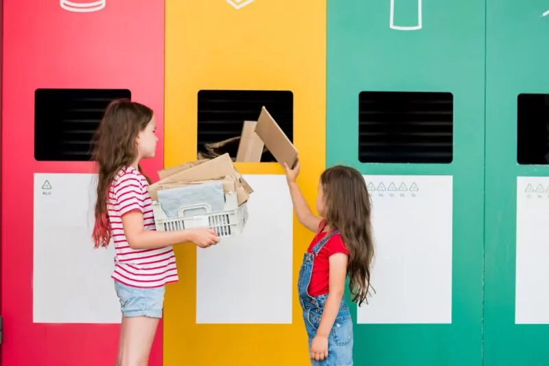 Mädchen recyceln Papier in bunte Mülltonnen